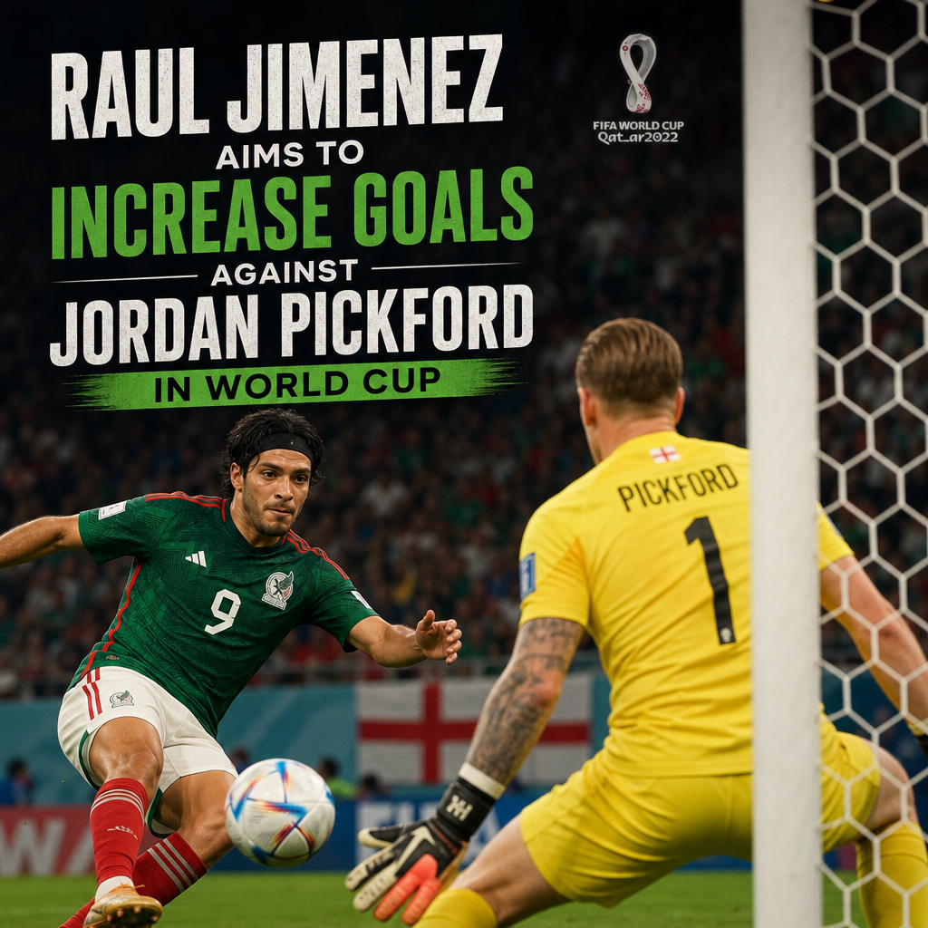 Raul Jimenez preparing to shoot in a soccer match against goalkeeper Jordan Pickford at the FIFA World Cup Qatar 2022.