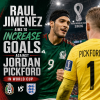Raul Jimenez taking a shot on goal against goalkeeper Jordan Pickford in a World Cup soccer match.