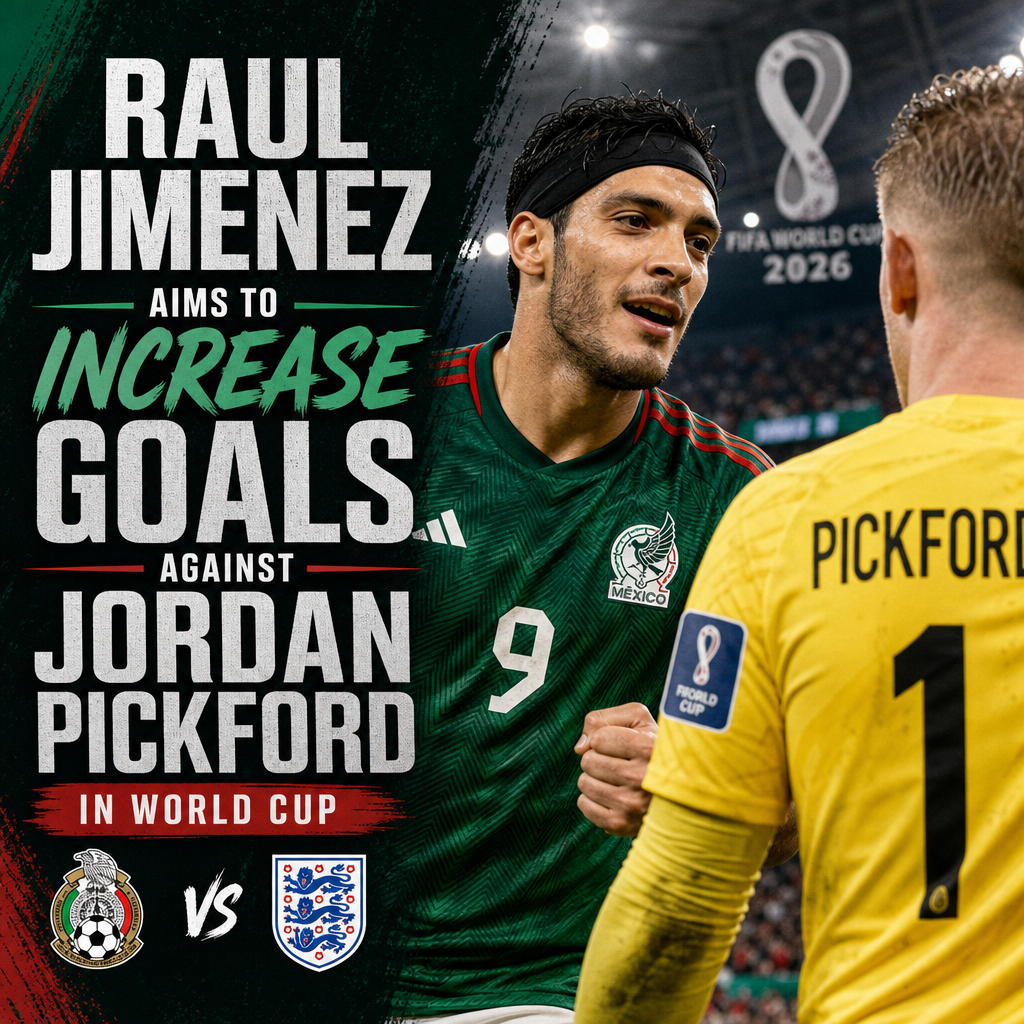 Raul Jimenez taking a shot on goal against goalkeeper Jordan Pickford in a World Cup soccer match.