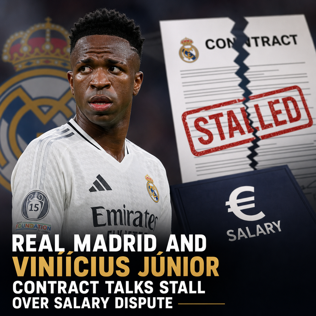 Real Madrid and Vinícius Júnior discuss contract talks amid a salary dispute, showing both in a tense meeting.