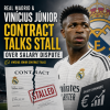 Vinícius Júnior in Real Madrid kit during a match, symbolizing stalled contract talks over salary.