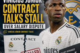 Vinícius Júnior in Real Madrid kit during a match, symbolizing stalled contract talks over salary.
