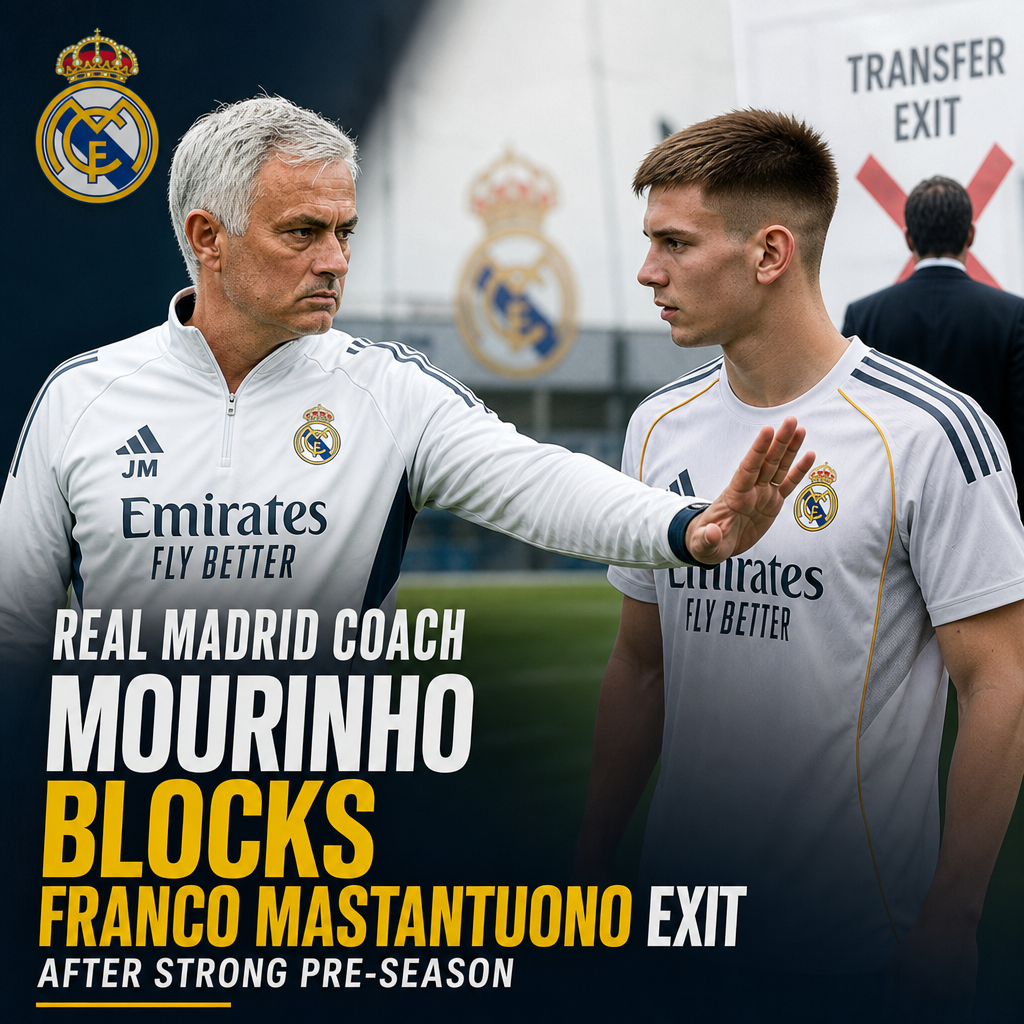 Real Madrid coach José Mourinho gestures to block Franco Mastantuono during a busy training session.