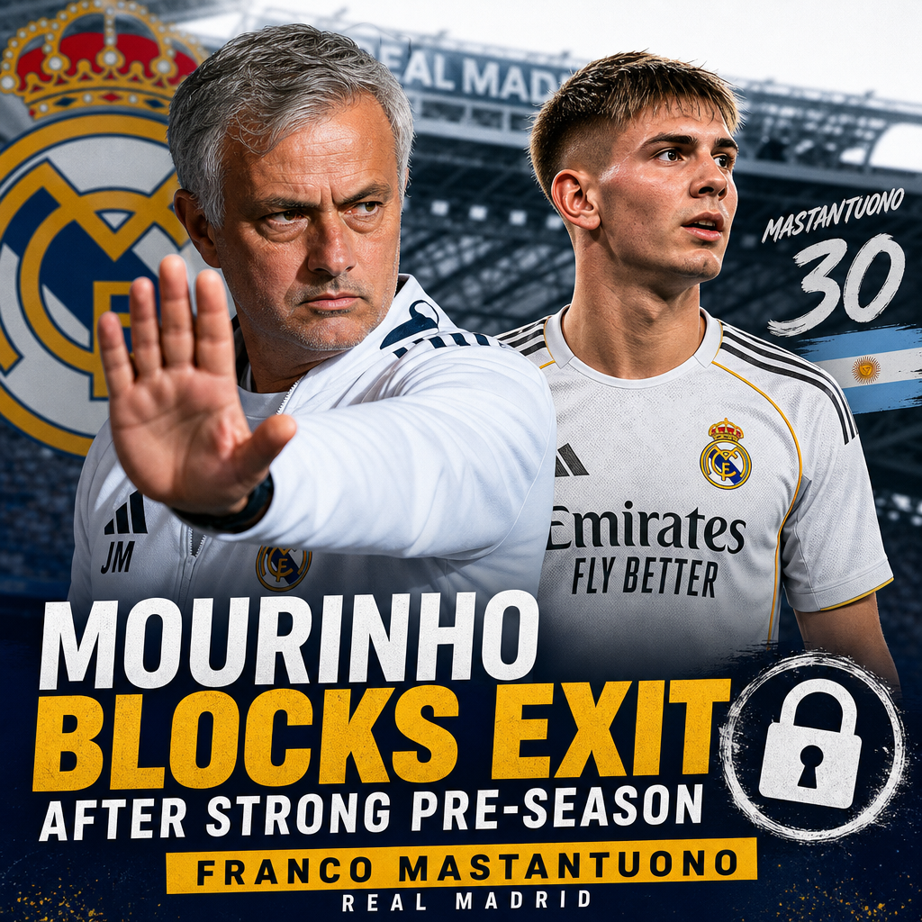 Jose Mourinho blocking Franco Mastantuono's exit during a Real Madrid event after pre-season.
