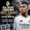Real Madrid players holding a banner condemning racist remarks against Kylian Mbappe on the soccer field.