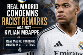 Real Madrid players holding a banner condemning racist remarks against Kylian Mbappe on the soccer field.
