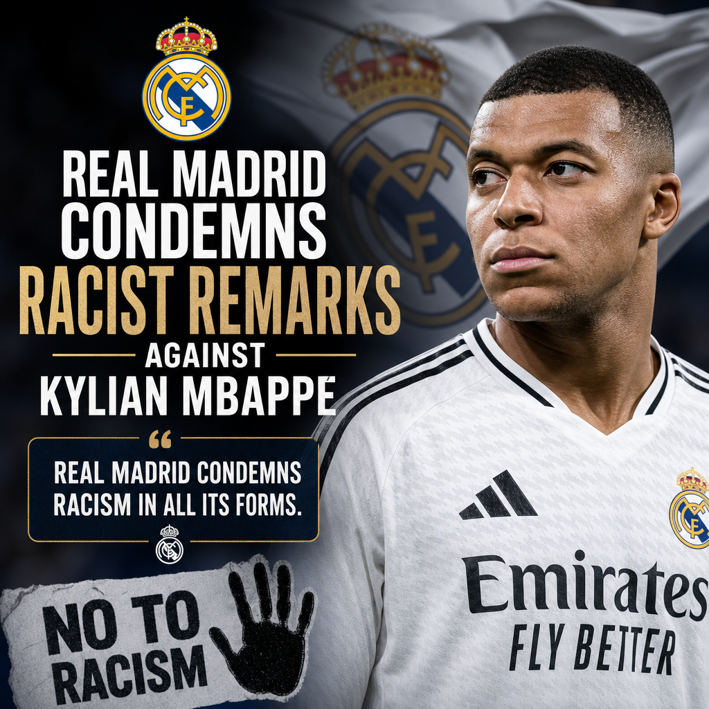 Real Madrid players holding a banner condemning racist remarks against Kylian Mbappe on the soccer field.