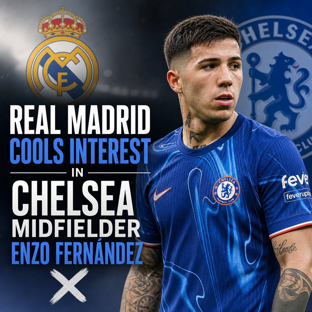 Real Madrid logo with a "cool" thermometer symbol over Chelsea midfielder Enzo Fernández's image.