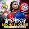 Real Madrid logo with football transfer text about Michael Olise and Bayern Munich bid denial.