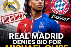 Real Madrid logo with football transfer text about Michael Olise and Bayern Munich bid denial.