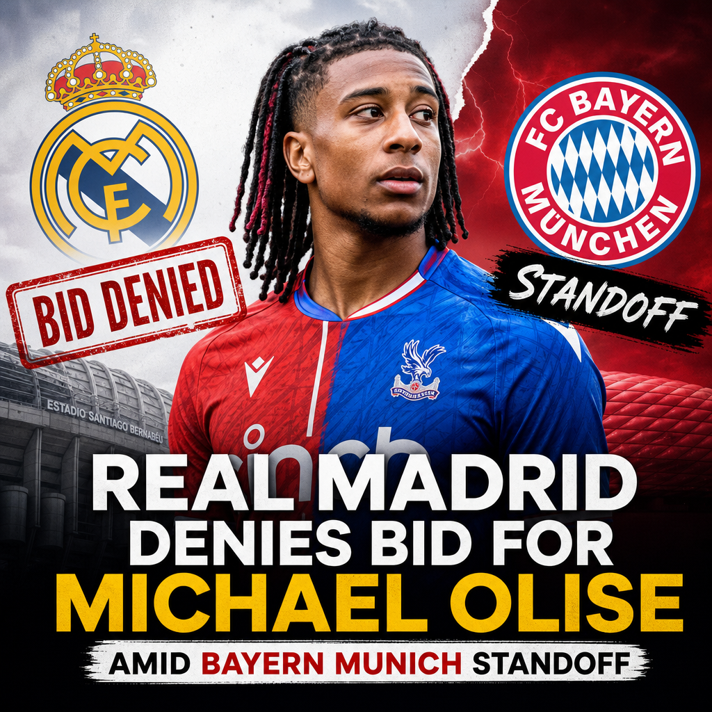 Real Madrid logo with football transfer text about Michael Olise and Bayern Munich bid denial.