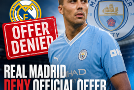 Real Madrid emblem with a red cross over it, symbolizing denial of transfer offer for Manchester City's Rodri.