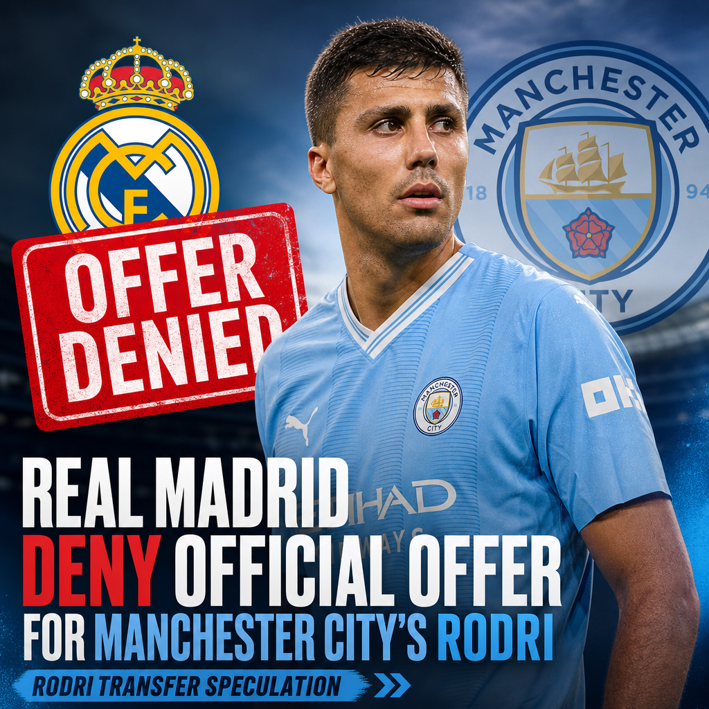 Real Madrid emblem with a red cross over it, symbolizing denial of transfer offer for Manchester City's Rodri.