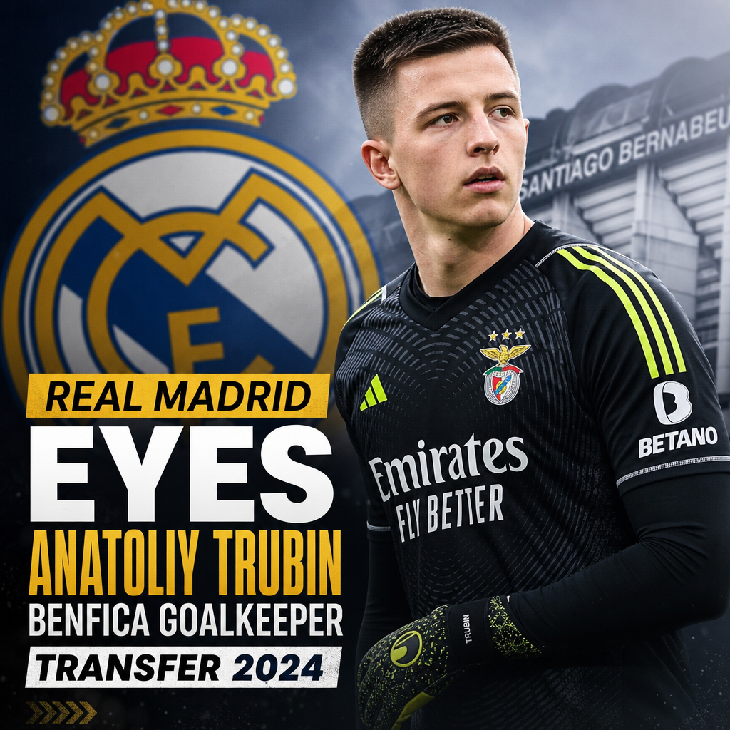 Real Madrid’s logo beside a photo of goalkeeper Anatoliy Trubin in a Benfica jersey.
