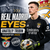 Anatoliy Trubin in goalkeeping gear with Real Madrid and Benfica logos, highlighting a potential 2024 transfer.