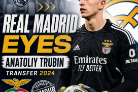 Anatoliy Trubin in goalkeeping gear with Real Madrid and Benfica logos, highlighting a potential 2024 transfer.