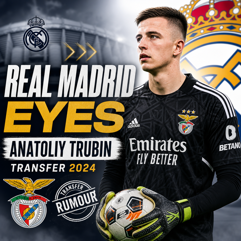 Anatoliy Trubin in goalkeeping gear with Real Madrid and Benfica logos, highlighting a potential 2024 transfer.