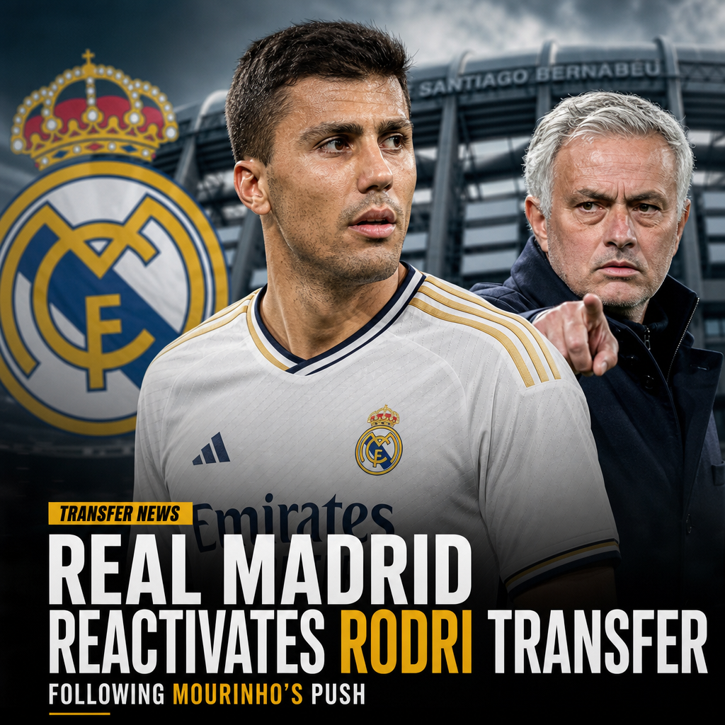 Real Madrid stadium with fans cheering as Rodri transfer rumors resurface after Mourinho's influence.