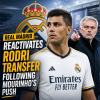 Real Madrid logo and Santiago Bernabeu stadium with text about reactivating Rodri transfer after Mourinho's push.