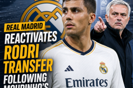 Real Madrid logo and Santiago Bernabeu stadium with text about reactivating Rodri transfer after Mourinho's push.