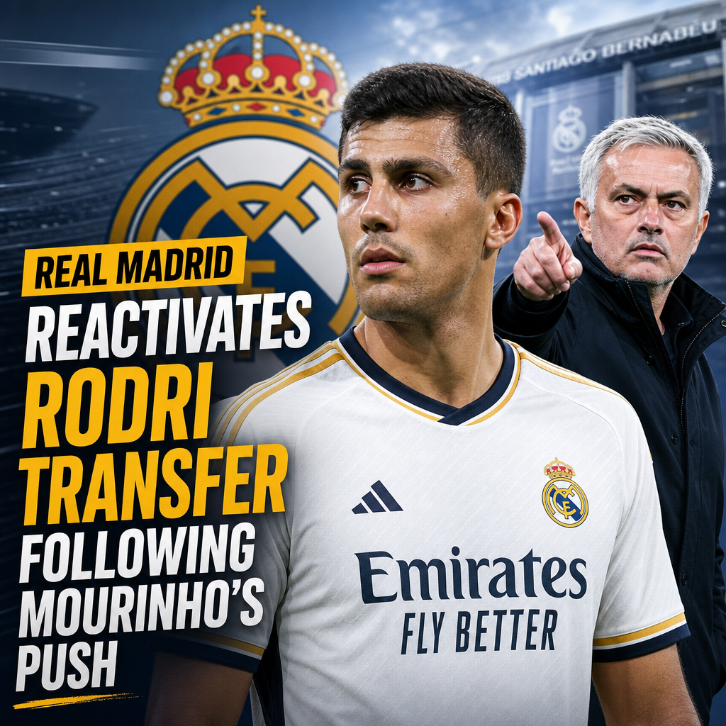 Real Madrid logo and Santiago Bernabeu stadium with text about reactivating Rodri transfer after Mourinho's push.
