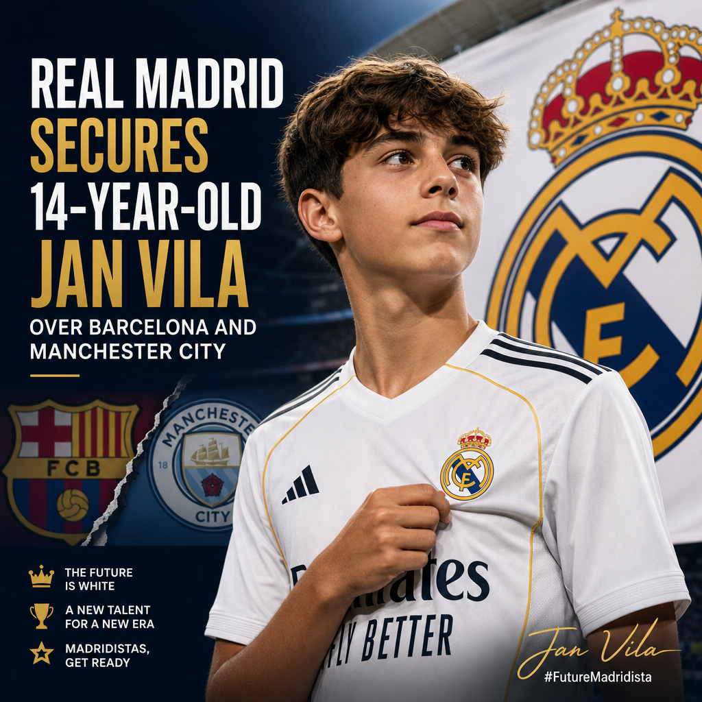 14-year-old Jan Vila celebrating after signing with Real Madrid, with the club logo in the background.