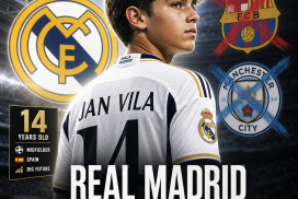 14-year-old Spanish midfielder Jan Vila celebrates signing with Real Madrid, surpassing Barcelona and Manchester City offers.