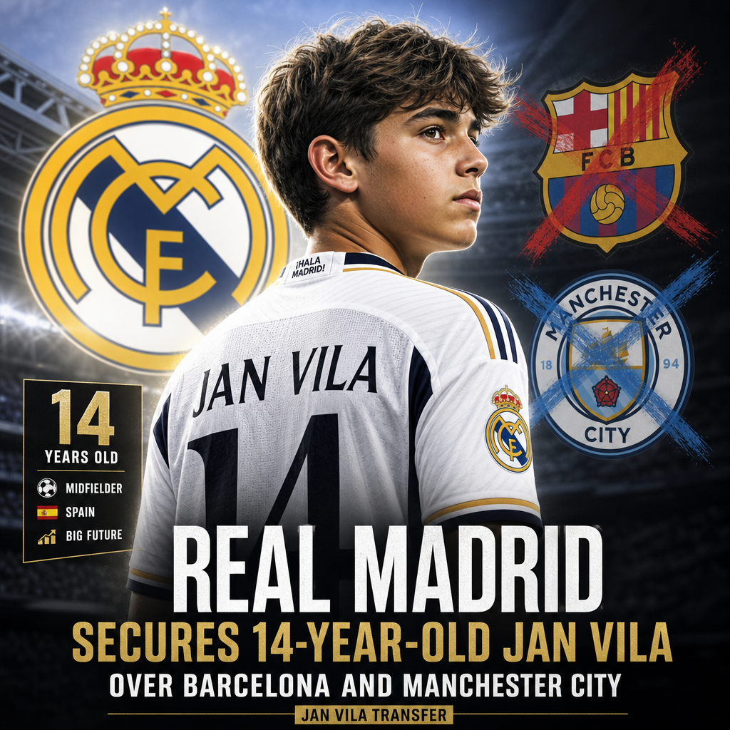 14-year-old Spanish midfielder Jan Vila celebrates signing with Real Madrid, surpassing Barcelona and Manchester City offers.