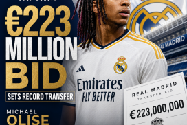 Real Madrid's €223 million record bid for soccer player Michael Olise on a digital transfer news graphic.