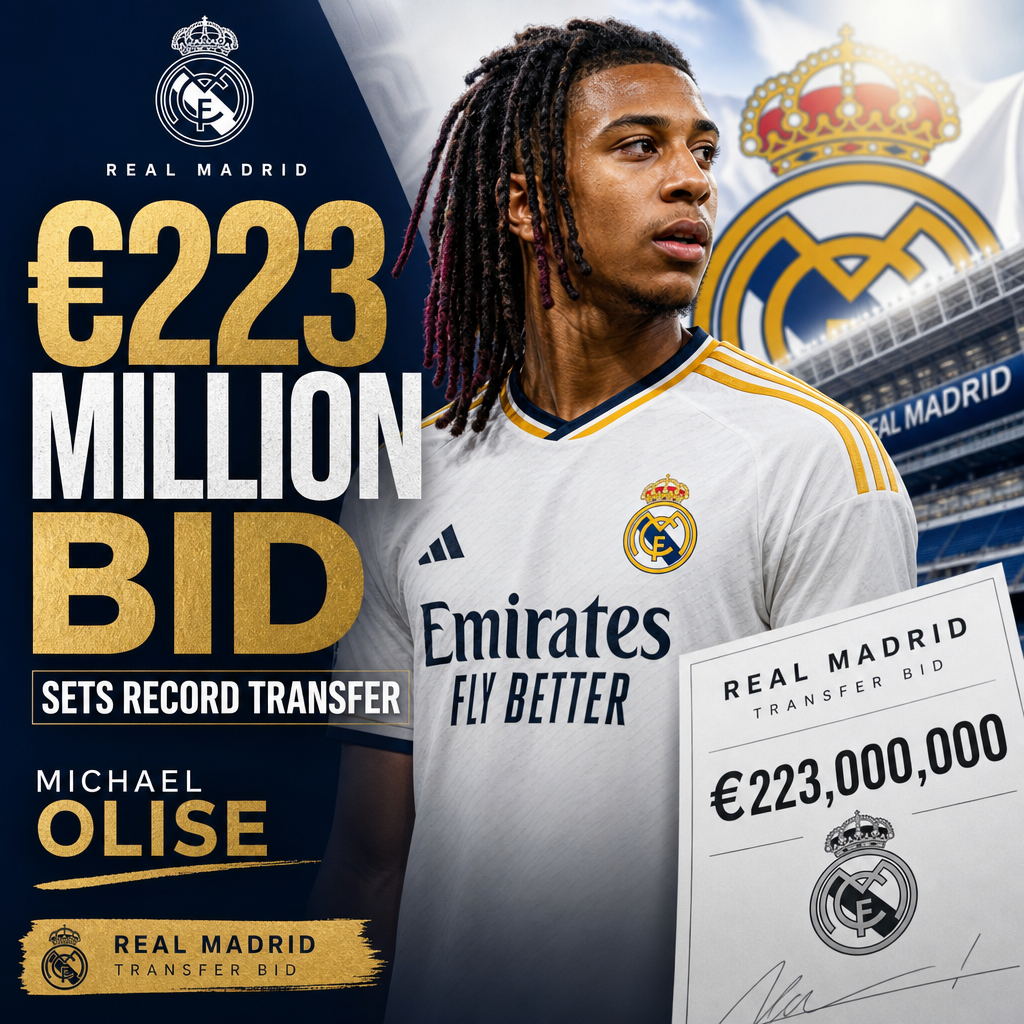 Real Madrid's €223 million record bid for soccer player Michael Olise on a digital transfer news graphic.