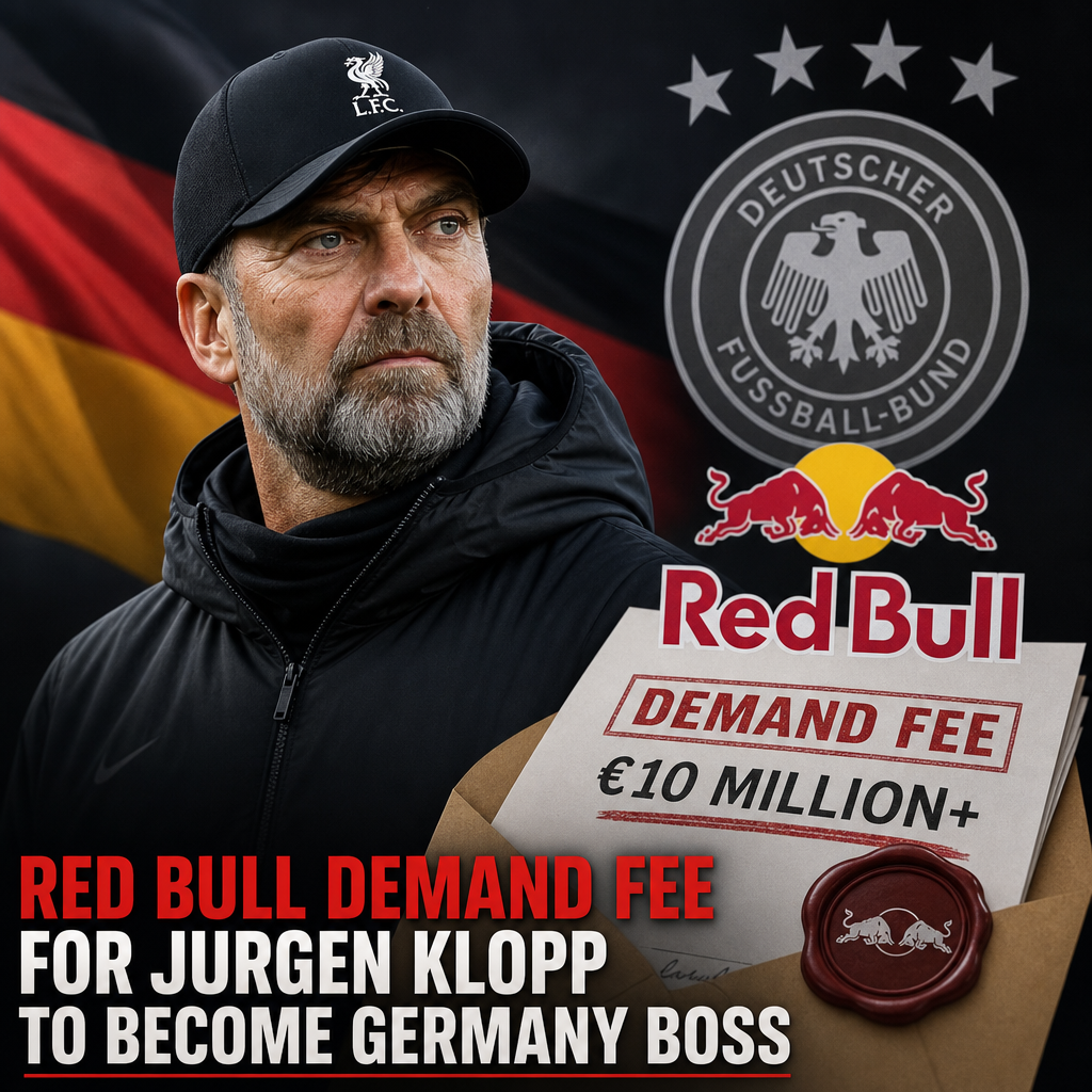 Red Bull logo with text about demanding a fee over €10 million for Jurgen Klopp to coach Germany.
