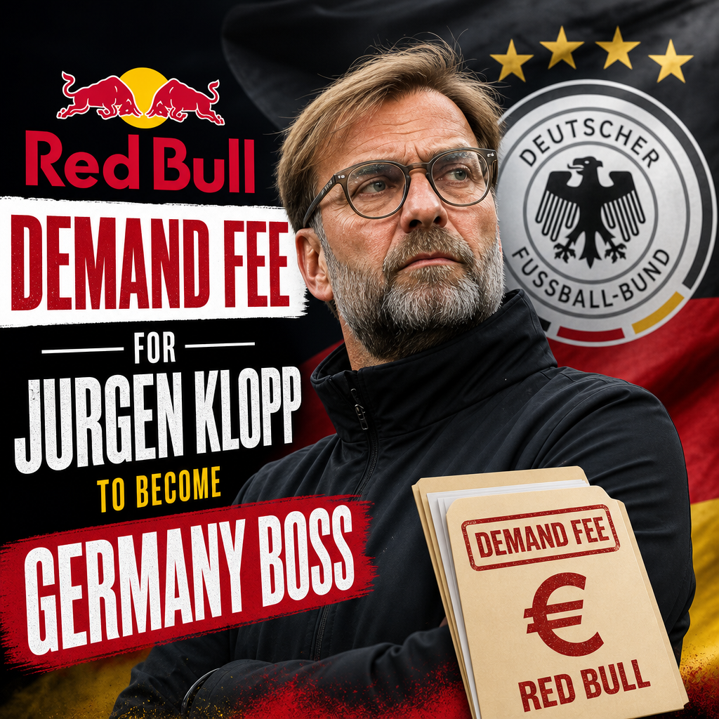 Jurgen Klopp speaking at a press conference with Red Bull and Germany football logos nearby.