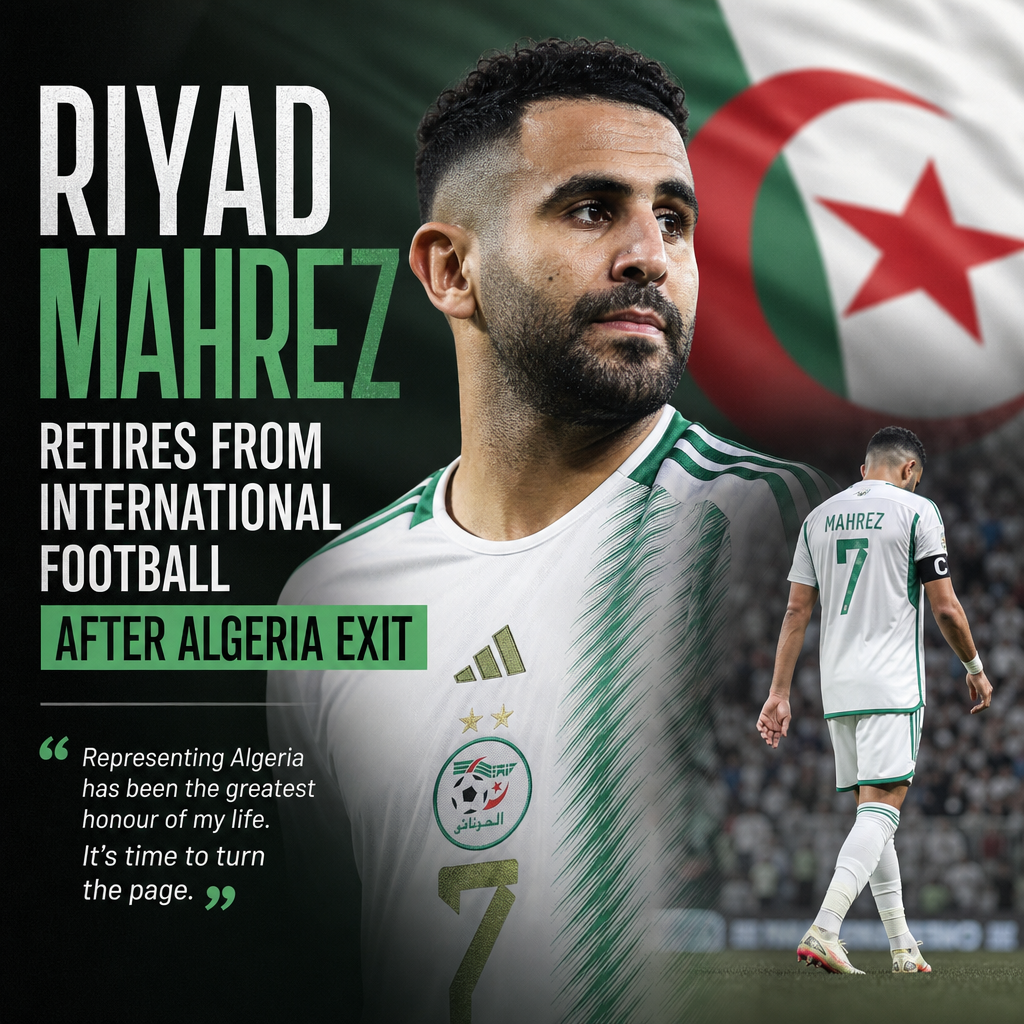 Riyad Mahrez gestures on the football field, announcing his international retirement after Algeria's tournament exit.