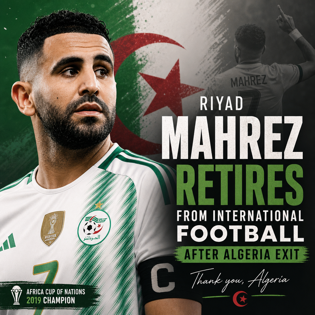 Riyad Mahrez holding an Algerian jersey, announcing his retirement from international football.