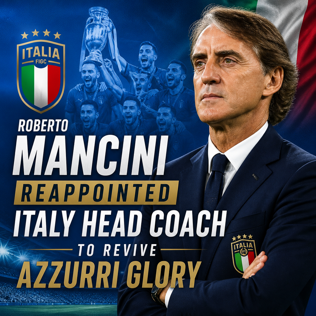 Roberto Mancini applauding on the sidelines wearing Italy's blue coach jacket during a football match.