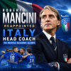 Roberto Mancini smiling, wearing a blue Italy football suit, welcoming his reappointment as head coach.