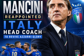 Roberto Mancini smiling, wearing a blue Italy football suit, welcoming his reappointment as head coach.