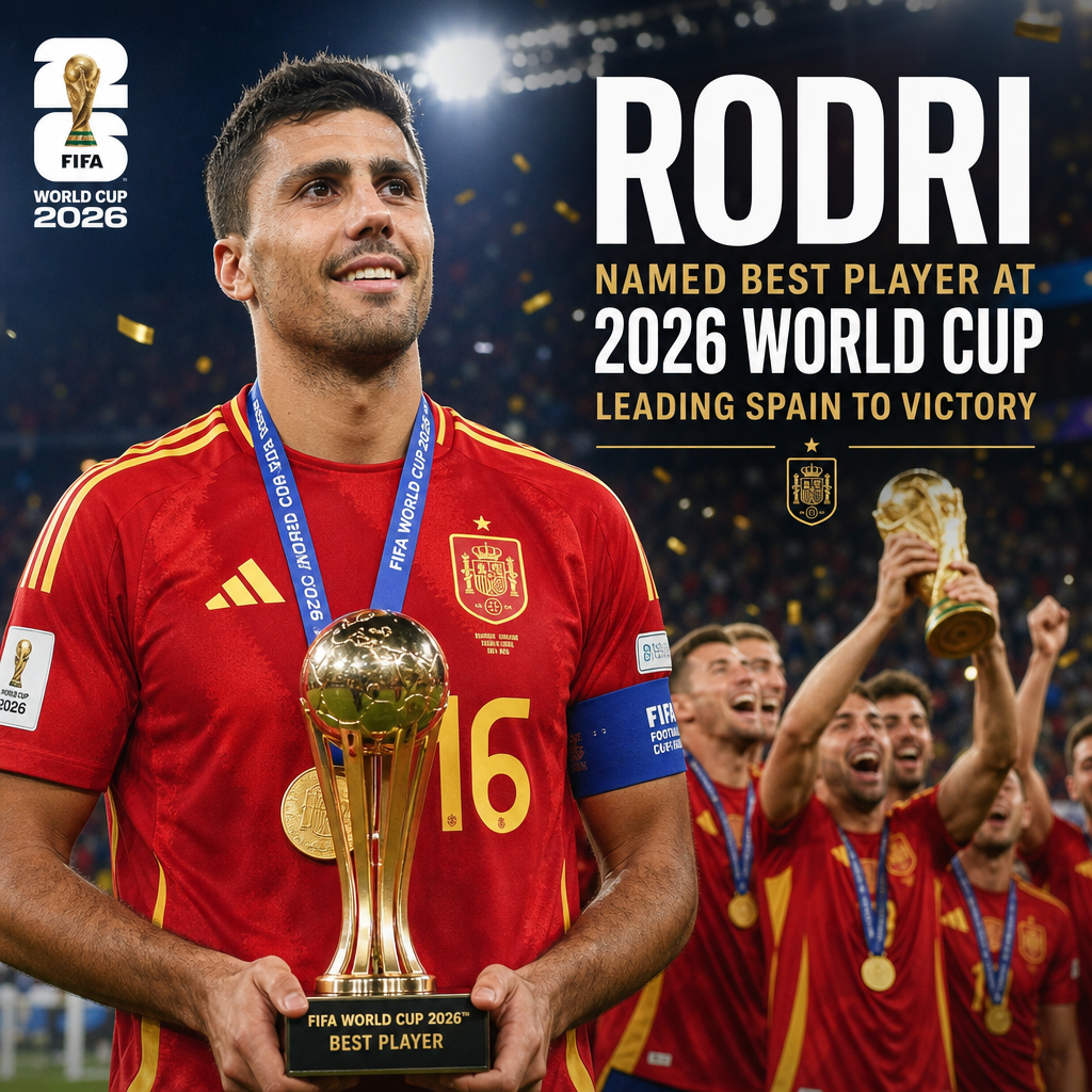 Rodri celebrating with trophy as Spain wins 2026 FIFA World Cup, named best player of the tournament.