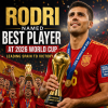 Rodri celebrating with the 2026 World Cup trophy after leading Spain to victory.