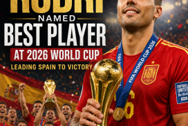 Rodri celebrating with the 2026 World Cup trophy after leading Spain to victory.