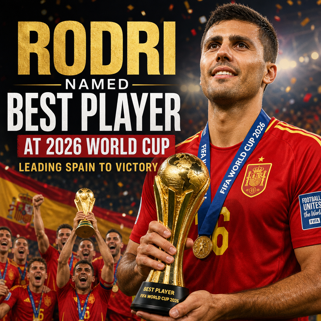 Rodri celebrating with the 2026 World Cup trophy after leading Spain to victory.