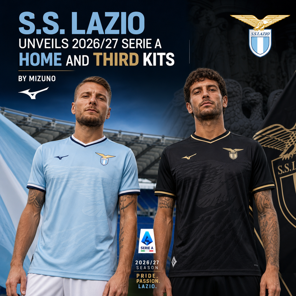 Two S.S. Lazio players wearing the new 2026/27 Serie A home and third kits by Mizuno on the field.