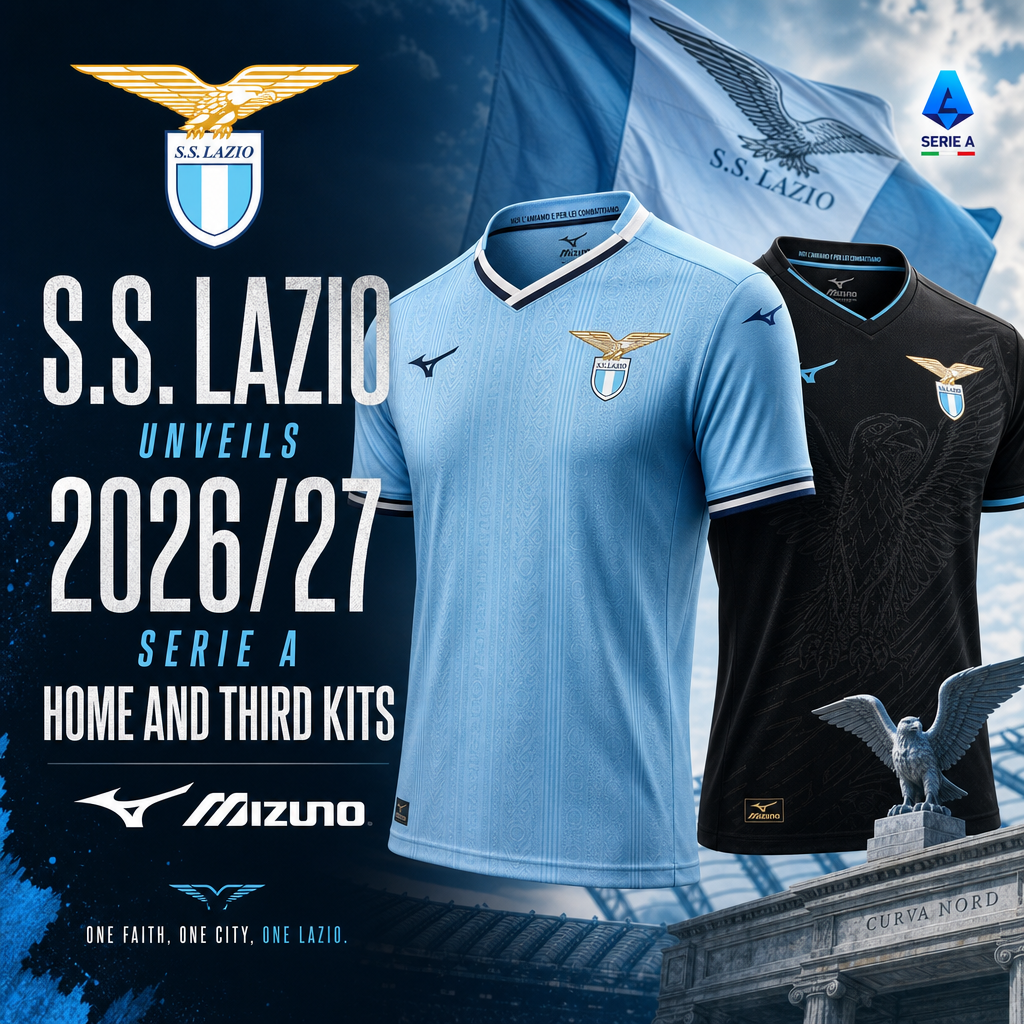 S.S. Lazio players wearing the new 2026/27 Serie A home and third kits unveiled by Mizuno.
