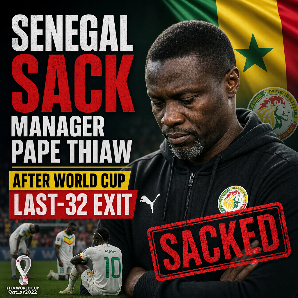 Senegal football manager Pape Thiaw seated at a press conference after World Cup last-32 exit.