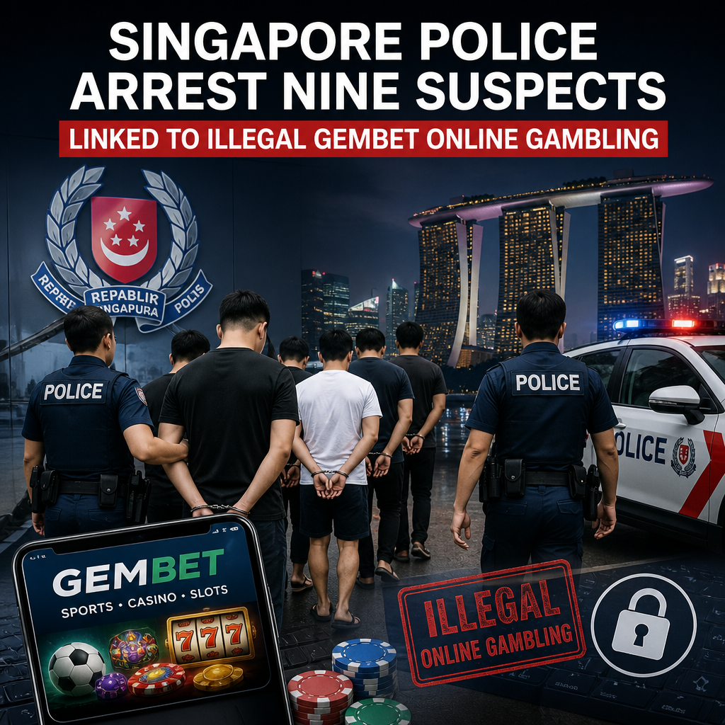 Singapore police officers escort nine suspects linked to illegal online gambling during a public arrest.