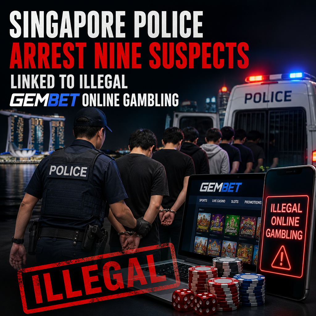Singapore police arrest nine suspects involved in illegal GemBet online gambling operations.
