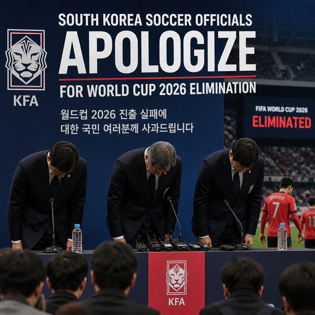 South Korean soccer officials bowing during a public apology for their World Cup 2026 elimination.