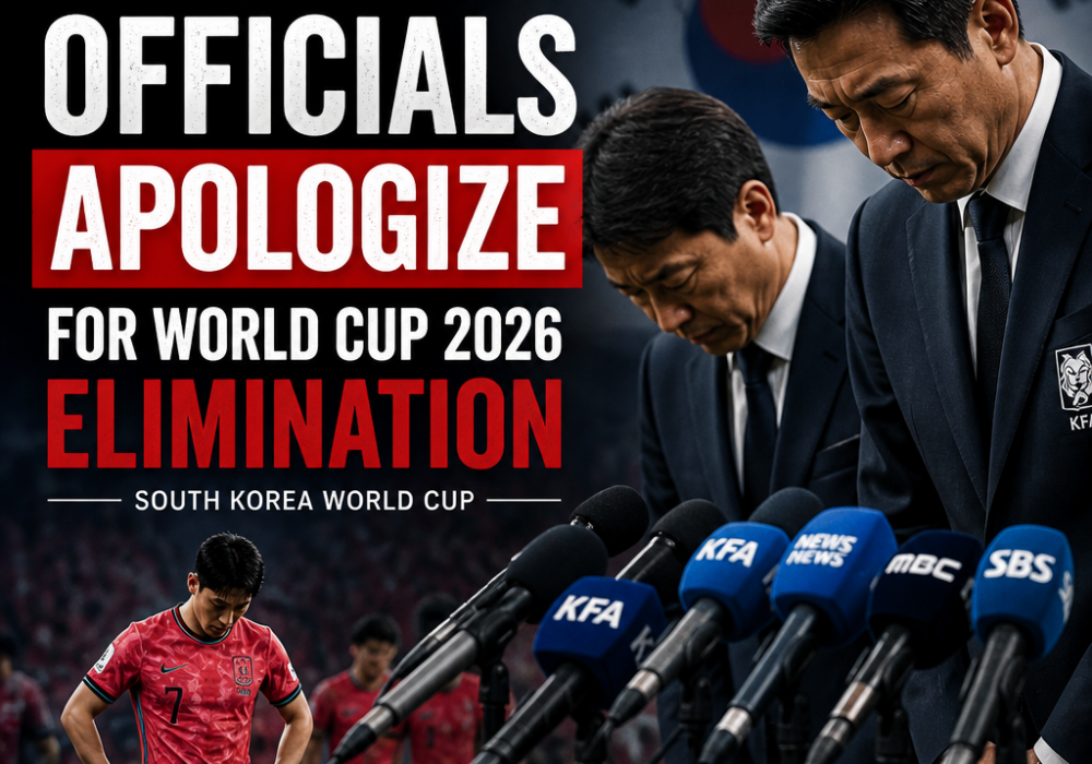 South Korean soccer officials bowing and apologizing at a press conference after World Cup 2026 elimination.