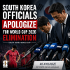 South Korean soccer officials bowing and apologizing at a press conference after World Cup 2026 elimination.