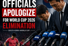 South Korean soccer officials bowing and apologizing at a press conference after World Cup 2026 elimination.